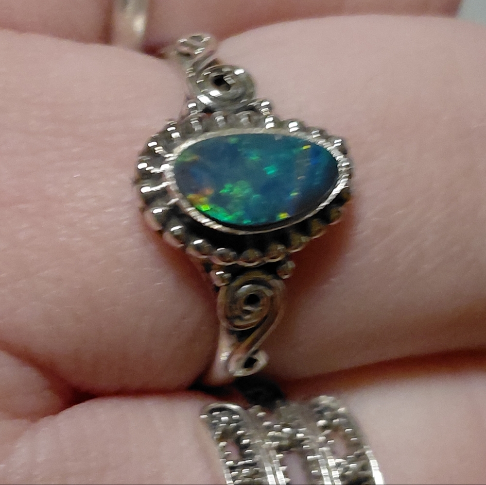 Dainty Sterling Silver Australian Opal Ring Size 8 - Picture 7 of 15